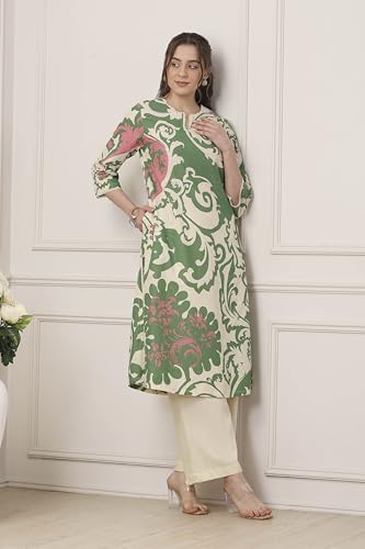 Biba Women Green Cotton Straight Suit Set_32