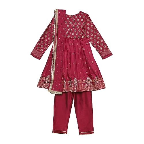 BIBA Polyester Girl Printed Gathered Kid Kurta Set With Dupatta (Kw4761_Wine_7)