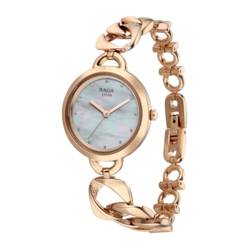 Titan Raga Unlocked Quartz 3 Hand Round Natural White Mother of Pearl Dial, IP Rose Gold Strap Watch for Women - 2826WM01