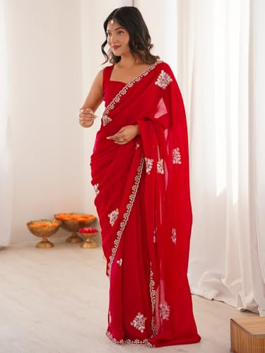 AKHILAM Women's Red Tissue Embellished Saree With Unstitched Blouse Piece (KRIYNS5407_KH)