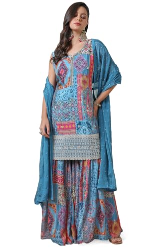 Soch Womens Powder Blue Ethnic Motifs Print Chinon Suit Set