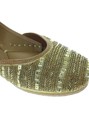 Fulkari Women's Celosia Skin Gold Soft Leather Embroidered Jutis | Bite and Pinch Free Jutti | Punjabi Formal Juttis | Girl's Wedding Flat Ladies Mojari | Formal Ethnic Juti | 36