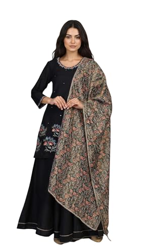 W for Woman Floral Thread Embroidered Straight Woven Kurta with Flared Pant and Printed Dupatta Set - Black (WS13275-224385-XXL)