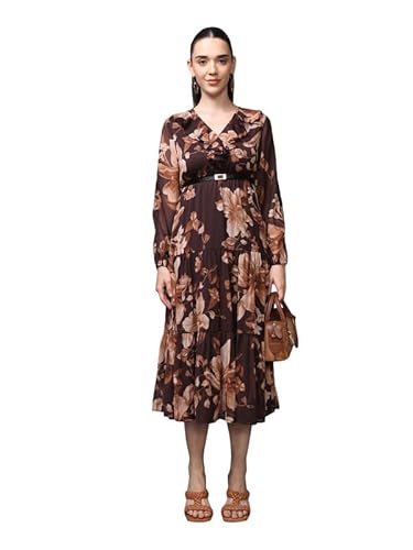 Kazo Floret Maxi Dress with Belt (Brown_XL)