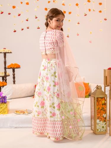 Pspeaches Girl's Cotton Readymade Lehenga Choli (L-Offwhitepinkbooti_Off White_10-12Y)