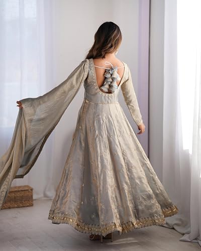 Leeli Peeri Designer Women's Fandy Silk Sequence Work Anarkali Kurta with Trouser and Dupatta(50PDM3-M)