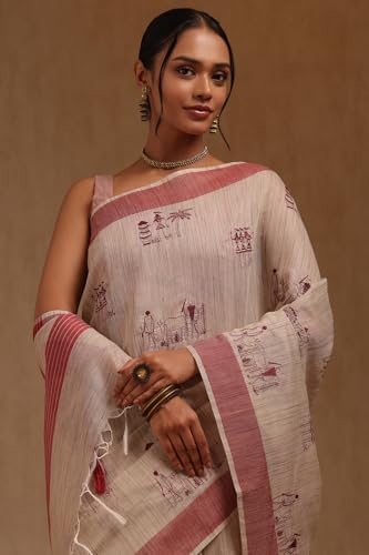 Soch Womens Beige Chanderi Warli Print Saree With Thread Work