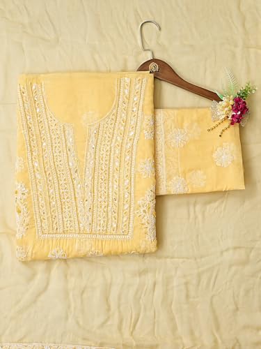 Ada Hand Embroidered Lucknowi Chikankari Unstitched Chanderi Dress Material Suit Piece with Dupatta for Women with Cutdana Work 01A871540 Yellow