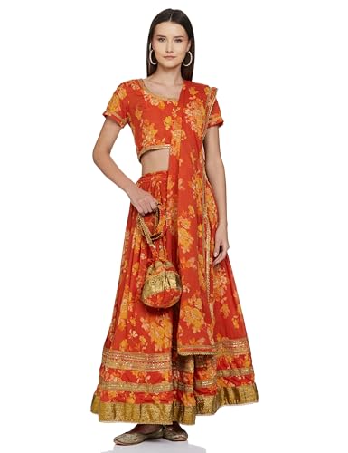 BIBA WOMEN PRINTED FLARED SALWAR KURTA DUPATTA(SKDPHULWARI7819_ORANGE_38)