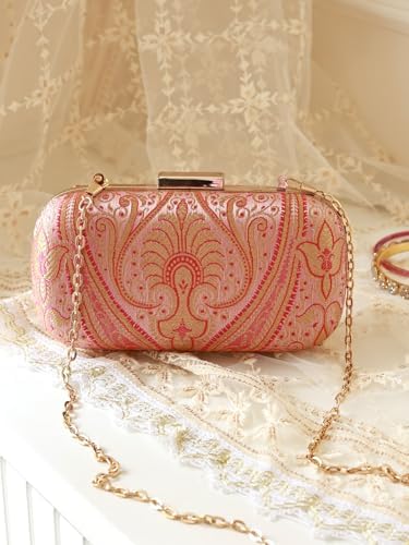 THE TAN CLAN Elora Banarasi Long Clutch Purses Luxury Handbags Bag for Women | Elegant Evening Handbag, Stylish Purse with Magnetic Closure