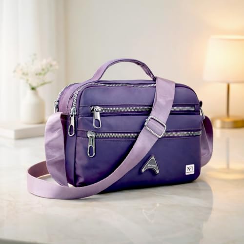 NFI essentials Crossbody Bag for Women, Multi-Layer Stylish Sling Bag for Girls, Nylon Shoulder Bag Purse for Ladies, Multi Pocket Travel Massenger Bag for Woman Latest (Purple)
