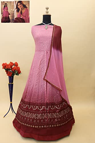 RUDRAPRAYAG Georgette and Santoon Anarkali Long Gown for Women | Semi Stitched Anarkali Gown for Women | Gown in Clothing & Accessories Pink_Free Size
