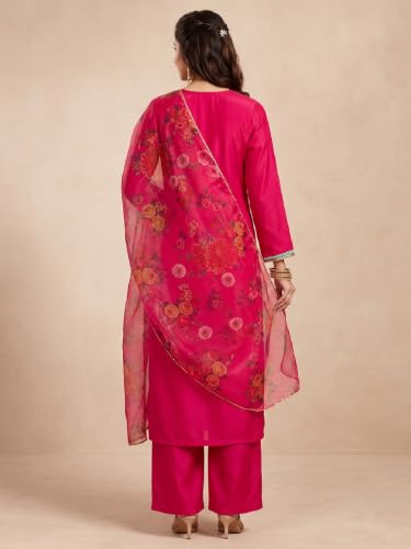 Varanga Women Red Kurta Trousers Set V Neck Silk Blend Zari