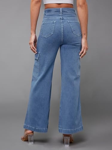 Miss Chase Women's Straight Fit Mid Rise Hand Painted Stretchable Denim Jeans (MCSS18DEN02-19-392-28, Vivid Blue, 28)