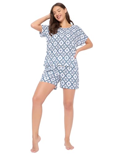Clovia Women's Rayon Printed Top & Shorts Set (LS0533C18_White,Blue_XL)