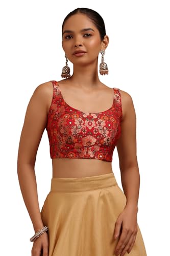 Soch Womens Red Tussar Floral Print Padded Blouse with Zari Woven