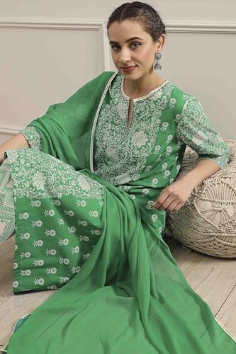 Biba Women's Green Cotton A-Line Printed Suit Set