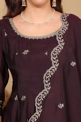 W for Woman Purple Floral Printed Dori Embroidered Chanderi Flared Kurta with Mock Layer and Dupatta Set (Size: M)-24AUWS11194-124358