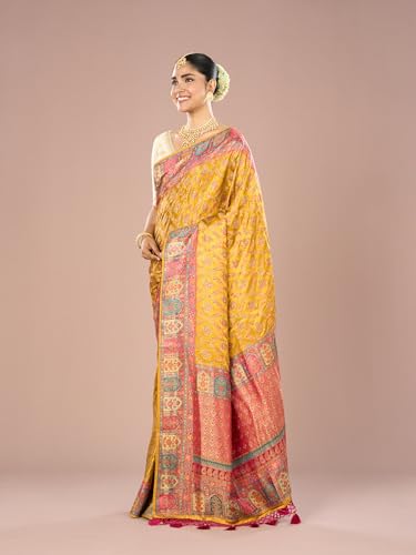 MOHEY Women's Satin Weave Saree with Blouse Piece(Mustard Yellow)