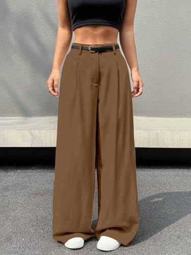 Aahwan Brown Solid High Waist Korean Loose Pleated Wide Leg Trouser for Women's & Girl's(296-Brown-36)