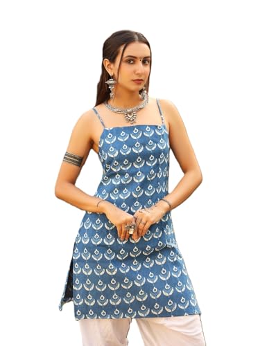 Nishorama Maahi Sleeveless Corset Back Kurti, Cobalt Blue with Block Print, Square Neckline (in, Alpha, M, Blue)
