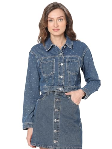 VERO MODA Women Solid Blue Cotton Regular Fit Crop Length Denim Jacket