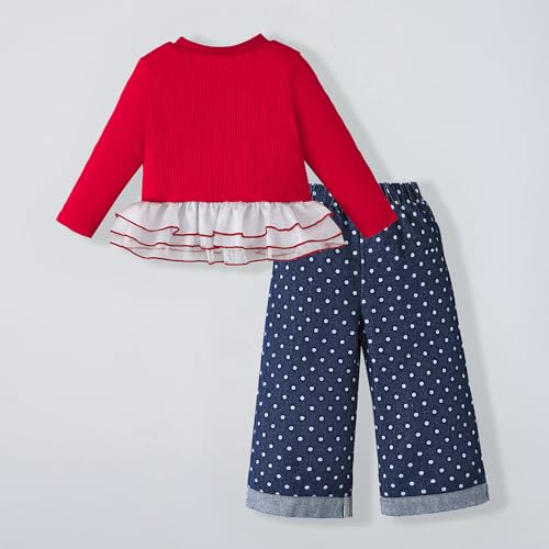 Hopscotch Girls Red Full Sleeves 2-Pc Polka Dot Jeans Set For Age (3-4 Years)