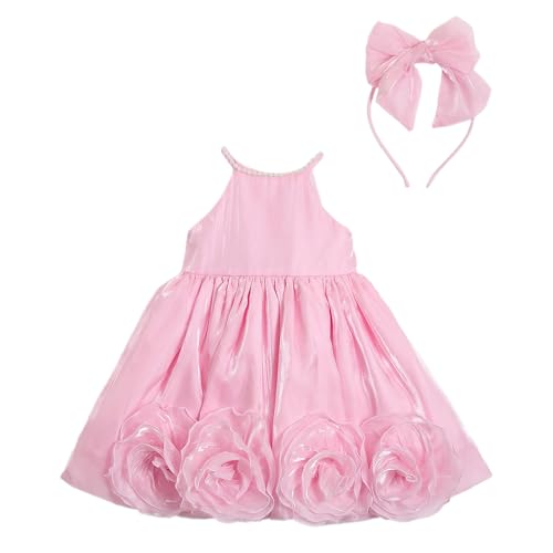Hopscotch Girls Pink Sleeveless 3D Floral Party Dress with Headband for Age (4-5 Years)