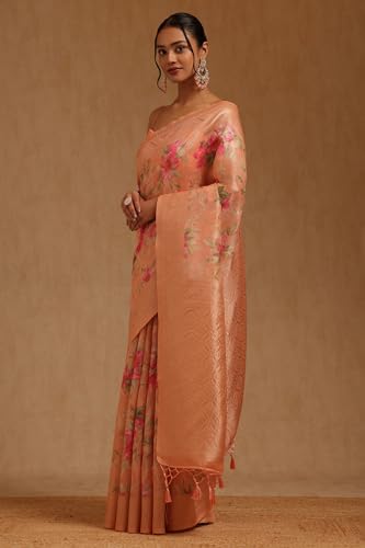 Soch Womens Peach Chanderi Floral Zari Woven Saree