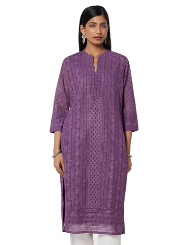 Soch Womens Purple Paisley Embroidered Mandarin Collar Georgette Kurta