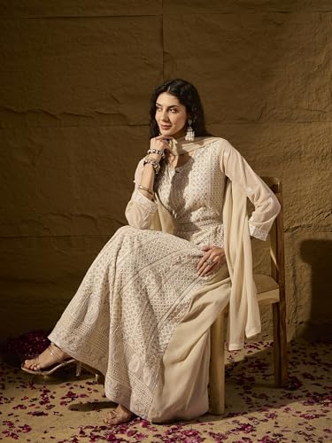 Hoyendiafad Women's Cream Faux Georgette Stitched Gown With Dupatta Full Sleeve Embroidered Anarkali Gown (HFY-1239-Cream-XXL)