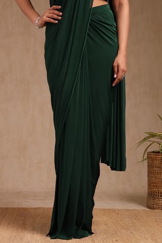 Soch Womens Green Nylon Blend Solid Ready To Wear Saree With Beads And Stones