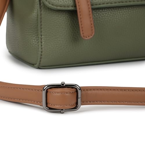 Fastrack Monochrome Muse Satchel | Faux-Leather Satchel for Women in Olive with Tan Accents | Buckle-Flap Closure, Dual Carry Options, Centre Zip Divider & Quick-Access Pockets