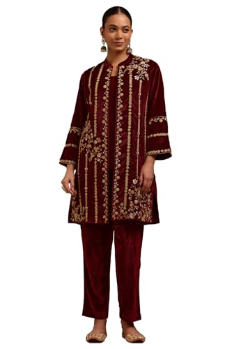 Soch Womens Maroon Velvet Solid Co-Ord Set With Zari