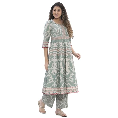 BIBA Women Green Cotton Anarkali Suit Set_38