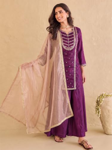 wine embroidered kurta set paired with a shimmering organza dupatta.