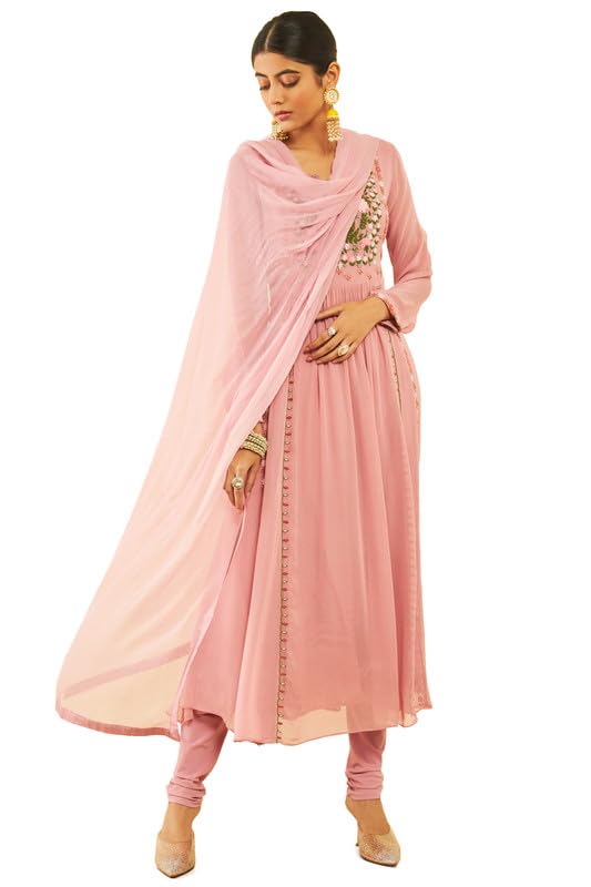 Soch Womens Onion Pink Georgette Floral Embroidered Chudidar Suit Set with Beadwork(OWS2CD2110A)