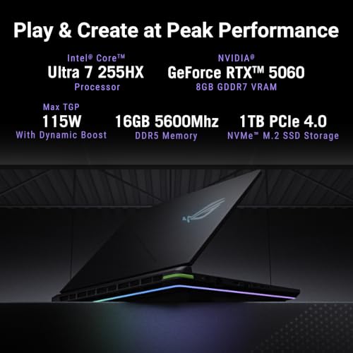 ASUS ROG Strix G16 (2026),Intel Core Ultra 7 255HX (Series 2),RTX 5060-8GB,16GB RAM (Upgradeable),1TB SSD,FHD+,16"(40 cm),300Hz,Win 11,M365 Basic(1Y),Office 24,Gray,2.6 Kg,G615LM-TS268WS,Gaming Laptop