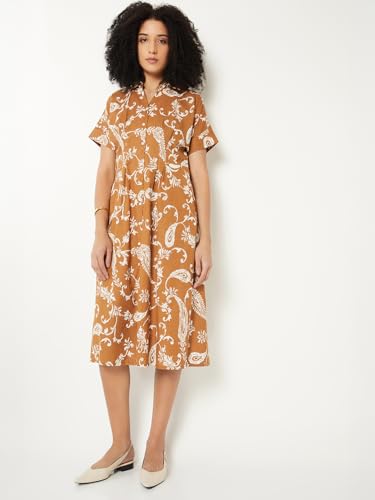 Max Women Printed A-line Midi Dress (Brown_M)
