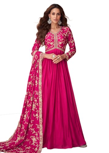 Miss Ethnik Women's Pink Chinon Stitched Gown With Dupatta Full Sleeve Embroidered Anarkali Gown (ME-1244-Pink-L)