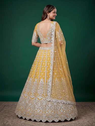 Zeel Clothing Women's Zari Sequins Embroidered Work Soft Net Lehenga Choli With Dupatta (6013-Yellow-Womens-Lehenga-Choli-New; Free size)