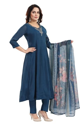 DARIKA Women's Navy Blue Embroidered Kurta Pant Dupatta Set | Floral Printed Organza Dupatta | Ethnic Suit Set for Women & Traditional Dress