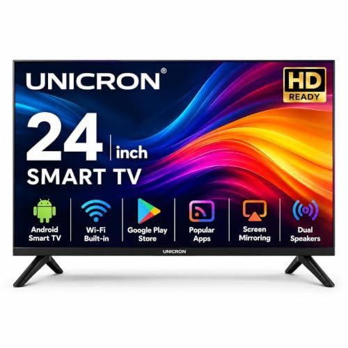 UNICRON 24”INCH Frameless HD Ready Android Smart LED TV | WiFi Enabled | Built-in Apps Compatible (YouTube, Netflix, Prime Video) | Screen-Mirror | HDMI, USB Connectivity Etc