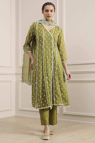 Biba Women Mehandi Green Chanderi Kalidar Dyed Suit Set_32