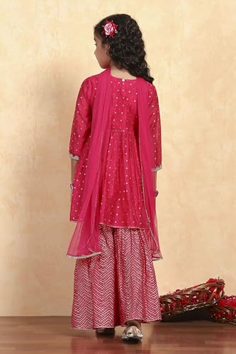 Biba Girl's Pink Polyester Blend Printed Gathered Suit Set