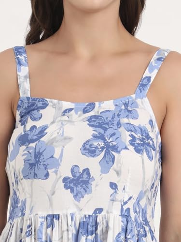 Divena Blue Printed Cotton Shoulder Strap Pompom Dress