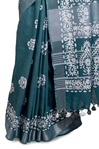 Soch Womens Teal Linen Batik Print Saree