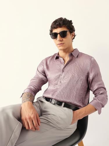 THE BEAR HOUSE Men Solid Crinkle Textured Regular Fit Shirt Purple