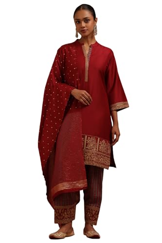 Soch Womens Maroon Chanderi Solid Suit Set With Zari