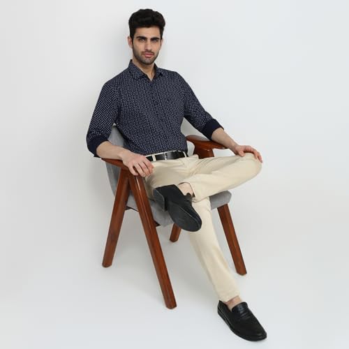 Park Avenue Men Slim Fit Print Pattern Pure Cotton Semicutaway Collar Full Sleeve Casual Shirt Blue